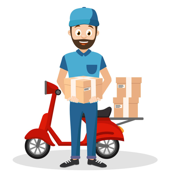 Courier delivers parcels on a moped on a white. - Vector, Image