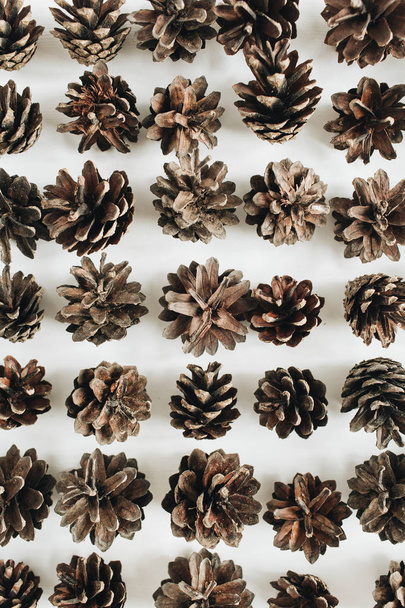 Closeup of pine cones pattern. Flat lay, top view. - Photo, Image