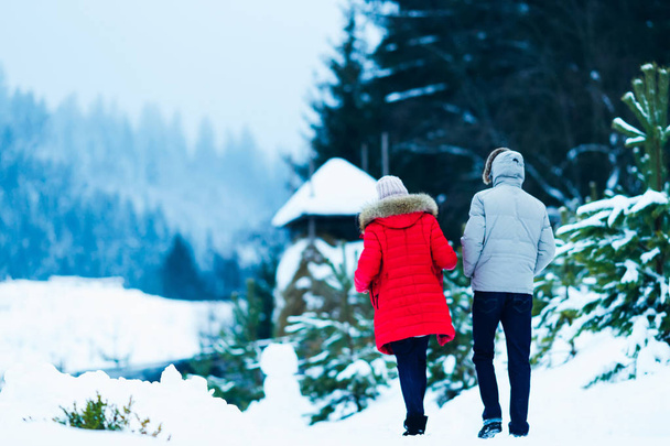 хлопець і дівчина повернулися до кемперу прогулянки в зимовому гірському лісі
 - Фото, зображення