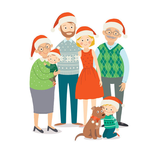 Χριστουγεννιάτικο οικογενειακό πορτρέτο. Ευτυχισμένη οικογένεια Χριστούγεννα. Παππούδες και γιαγιάδες, γονείς και παιδιά μαζί. Διάνυσμα κινουμένων σχεδίων το χέρι συντάσσονται eps 10 εικονογράφηση που απομονώνονται σε λευκό φόντο σε μια επίπεδη στυλ. - Διάνυσμα, εικόνα