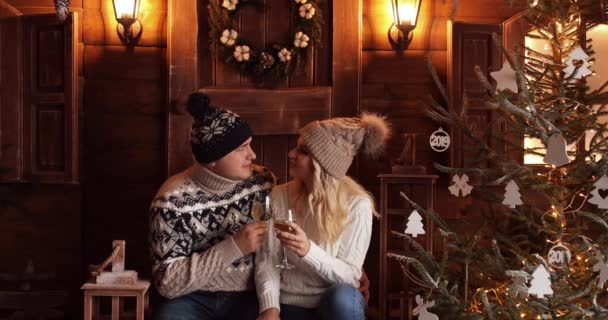 Счастливая пара в зимней одежде пьет шампанское и празднует Новый год
. - Кадры, видео