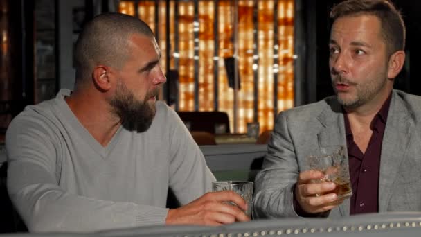 Dos amigos varones disfrutando del whisky en el bar juntos
 - Imágenes, Vídeo