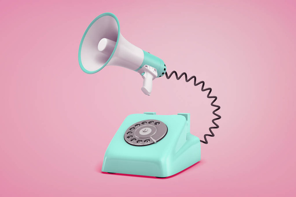 3d rendering of turquoise retro phone with a dial stands on a pink background connected to a megaphone by a black cord. - Foto, Bild