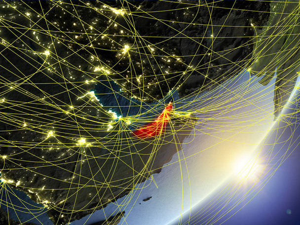 Verenigde Arabische Emiraten op het model van de planeet aarde met netwerk tijdens zonsopgang. Concept van de nieuwe technologie, communicatie en reizen. 3D illustratie. Elementen van dit beeld ingericht door Nasa. - Foto, afbeelding