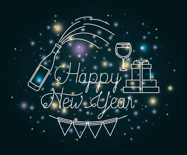 happy new year lettering with lights and icons - Vector, Imagen