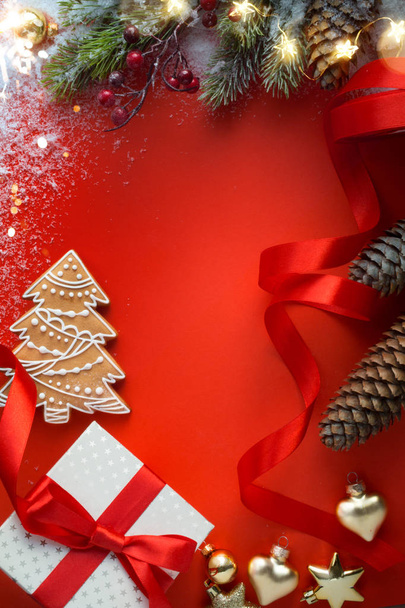 Christmas Gift With Ornament On Table ; Christmas greeting card background  - Φωτογραφία, εικόνα