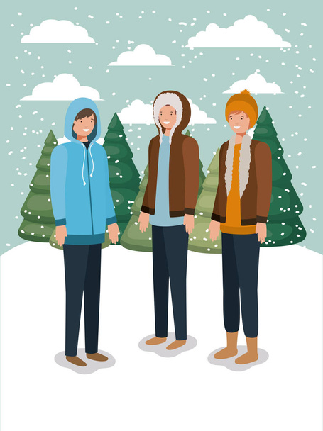 gruppo di uomini in paesaggio nevoso con vestiti invernali
 - Vettoriali, immagini