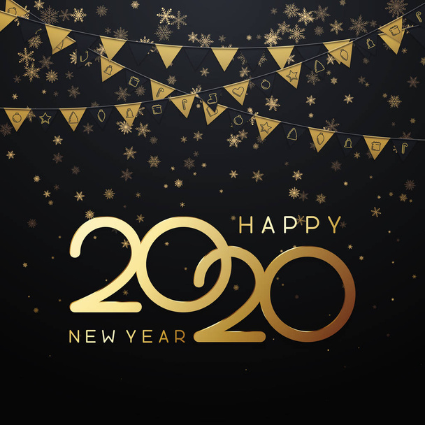 Tarjeta Black Happy Año Nuevo 2020 con banderas de papel dorado y snowf
 - Vector, Imagen