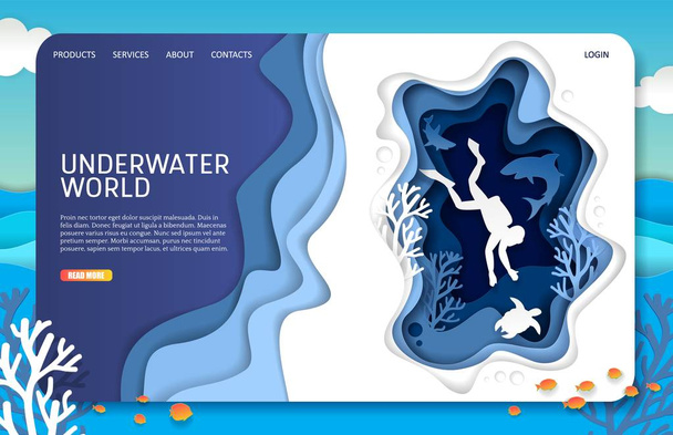 Vector paper cut underwater world landing page website template - Vektor, obrázek