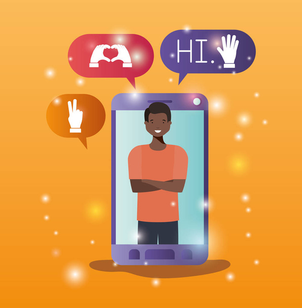 черный мужчина в смартфоне с пузырями социальных сетей
 - Вектор,изображение