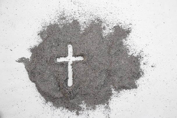 Cross made of ashes, Ash Wednesday, Lent season vintage abstract background - Fotoğraf, Görsel