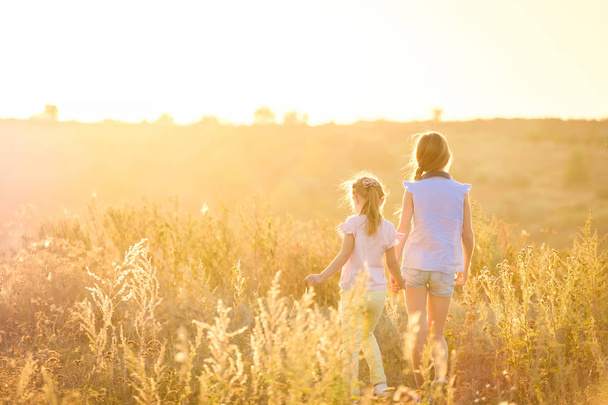 Маленькие девочки смотрят на солнечное вечернее поле
 - Фото, изображение