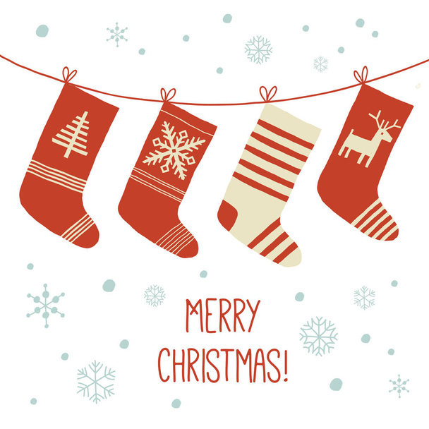 冬の自然の白と赤でクリスマス ストッキング。クリスマスの靴下の背景。クリスマス カード。漫画ベクトル手描き下ろし eps フラット スタイルで白い背景に分離された 10 の図. - ベクター画像