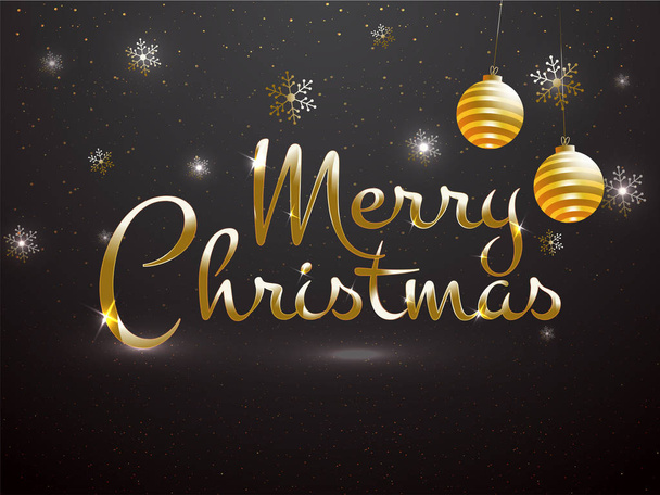Glossy text Merry Christmas with golden baubles and snowflake decorated on black background can be used as greeting card design. - Vecteur, image