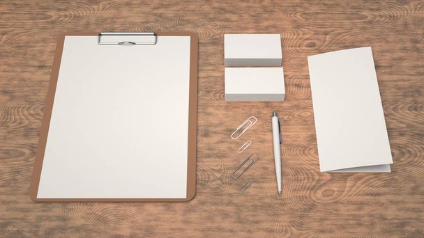 Clipboard with white sheet of paper, business cards, trifold leaflet, paper clips and automatic ballpoint pen on wooden table. Branding mockup. 3D rendering illustration. - Foto, Imagen