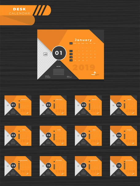 Creative business template style, set of 12 months calendar design for year 2019. - Вектор,изображение