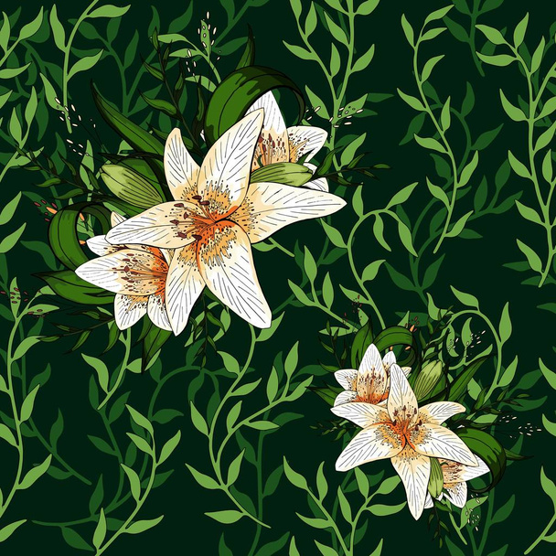 Ліана поширюється зеленим листям creeper і лілії квітка безшовні візерунок тло - Вектор, зображення