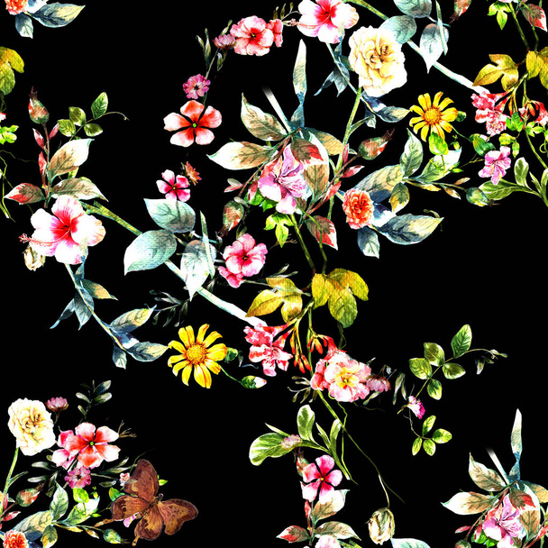 Akvarel malba listů a květin, bezešvé vzor na tmavém pozadí - Fotografie, Obrázek