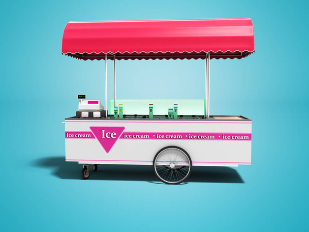 Vrachtwagen op wielen met ijs en ijs op verkoop 3d renderen op blauwe achtergrond met schaduw - Foto, afbeelding