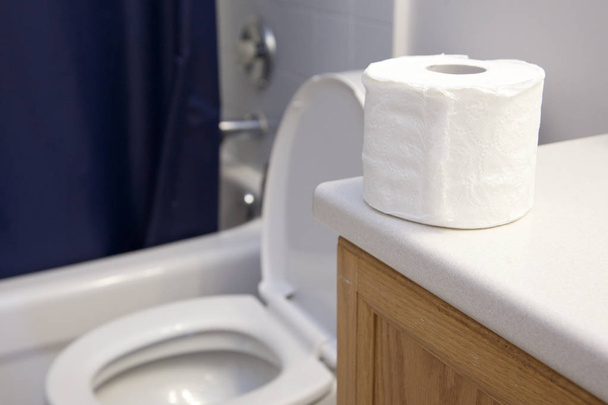 Рулон туалетной бумаги сидит рядом с открытым туалетом в туалете
  - Фото, изображение