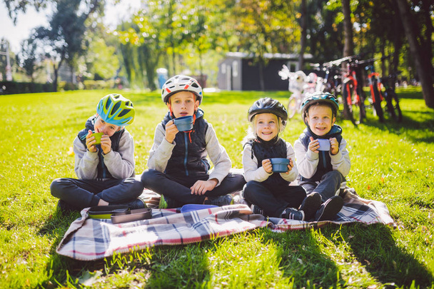 Θέμα ενεργό φύση οικογενειακές διακοπές. ομάδα άνθρωποι μικρά παιδιά τρία αδέλφια κάθονται σε κουβέρτα κοντά σε ποδήλατα στο πάρκο πράσινο γρασίδι ανάπαυση και ποτό ποτό από φλιτζάνια και τσάι θερμός. - Φωτογραφία, εικόνα