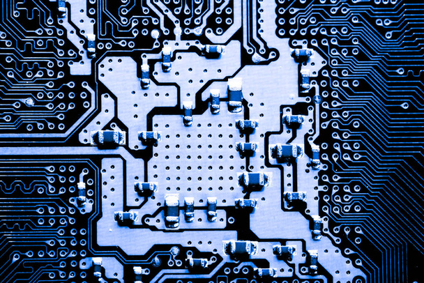 abstrakte, Nahaufnahme des elektronischen Computerhintergrunds des Mainboards. (Logikboard, CPU-Motherboard, Hauptplatine, Systemplatine, Mobo) - Foto, Bild