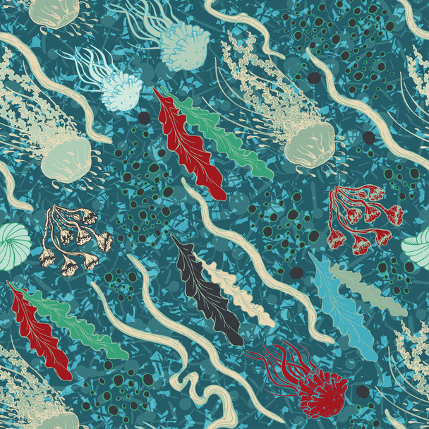 泡の海の植物、クラ ゲ、空気と手描きシームレスなベクトルの背景. - ベクター画像