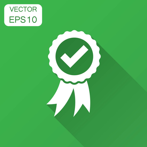 Approved certificate medal icon in flat style. Check mark stamp vector illustration with long shadow. Accepted, award seal business concept. - Vector, imagen
