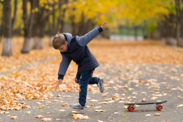 Young boy jumps off his skateboard while learning to ride on park walkway covered with autumn yellow leaves - Fotoğraf, Görsel