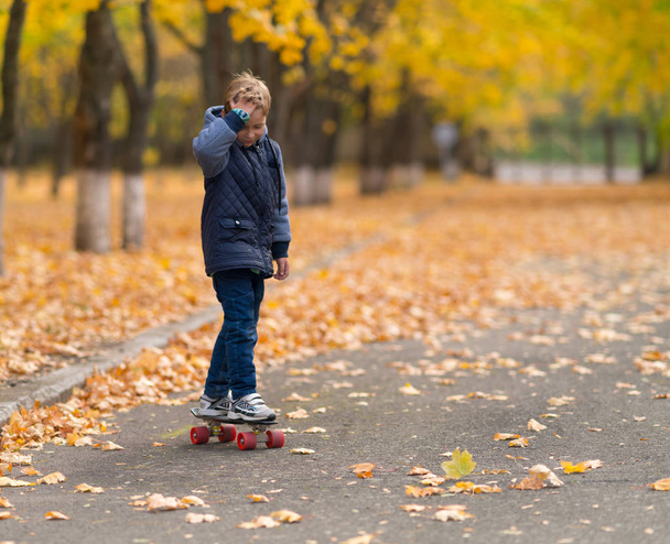 Young boy in grey jacket skateboarding in the park in fall season, viewed from his front. Copy space with blurred trees and yellow leaves to the side. - Foto, immagini