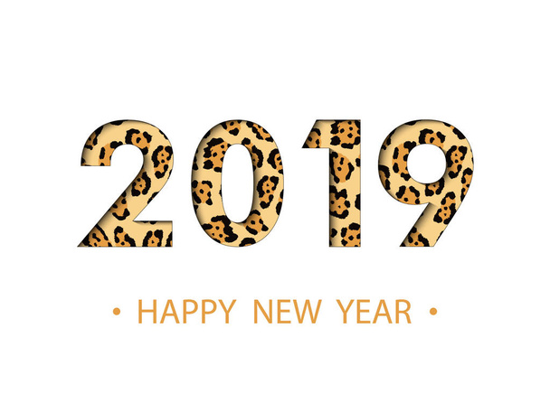 Feliz Año Nuevo 2019 fondo con efecto animal print. Diseño de tarjeta de felicitación
 - Vector, Imagen