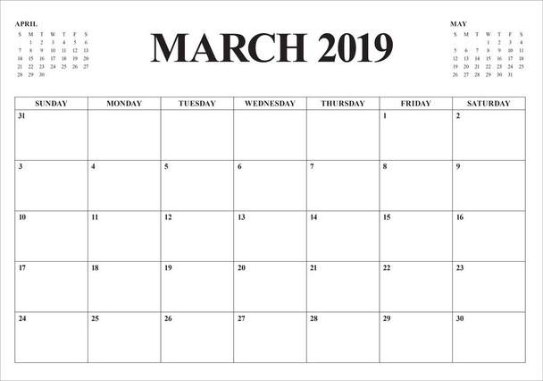 Март 2019 Настольный календарь векторная иллюстрация, простой и чистый дизайн
. - Вектор,изображение