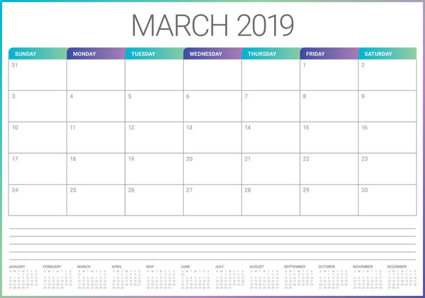 Ilustracja wektorowa marca 2019 biurko kalendarza, prosty i czysty design. - Wektor, obraz