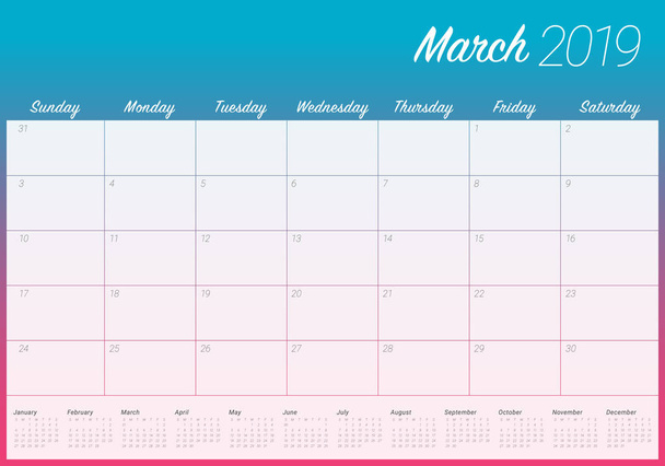 Marzo 2019 escritorio calendario vector ilustración, diseño simple y limpio
. - Vector, imagen