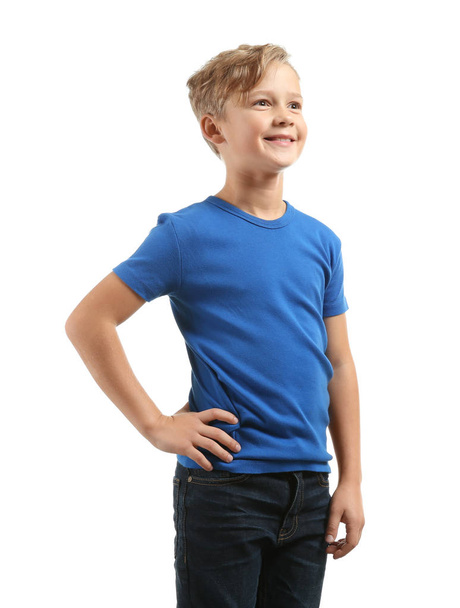 Cute boy in t-shirt on white background - Foto, afbeelding