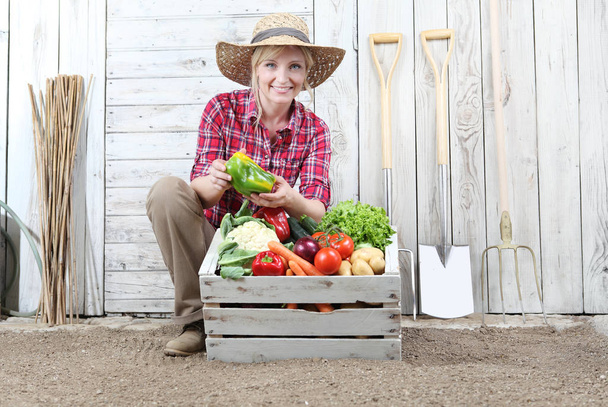 Lächelnde Frau im Gemüsegarten mit Holzkiste voller Gemüse auf weißem Wandhintergrund mit Arbeitsgeräten - Foto, Bild
