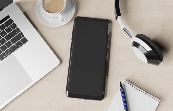 Modern smartphone laying on wooden desktop mockup 3d rendering - Foto, imagen