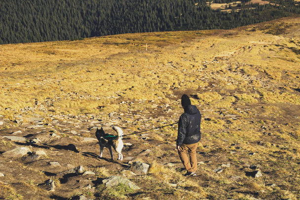 Çocuk husky ile seyahat. Ukraynalı Karpat Dağları. Dağın tepesinde. Siyah ve beyaz köpek. Köpekle hiking - Fotoğraf, Görsel