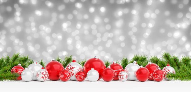 Rote und weiße Weihnachtskugeln aufgereiht auf verschneiten grau 3d Rendering im Hintergrund - Foto, Bild