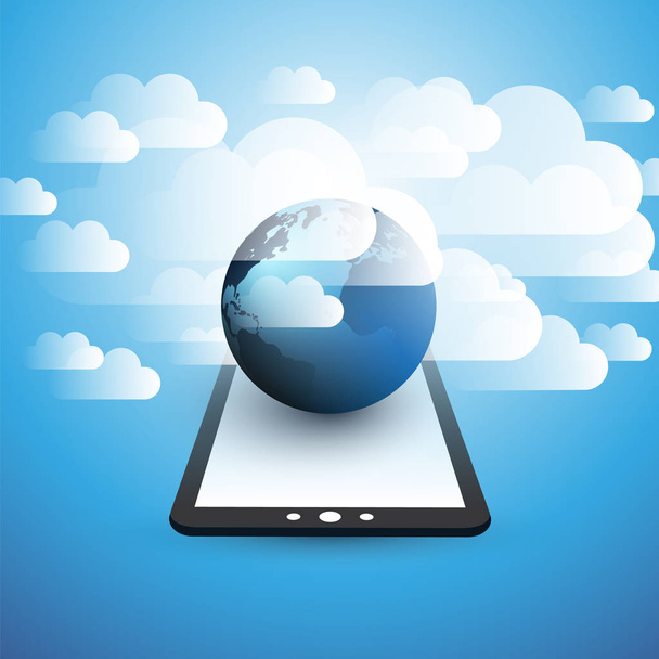 Cloud Computing Design Concept - Digital Connections, Technology Background with Electronic Device, Earth Globe and Clouds - Vector, Image