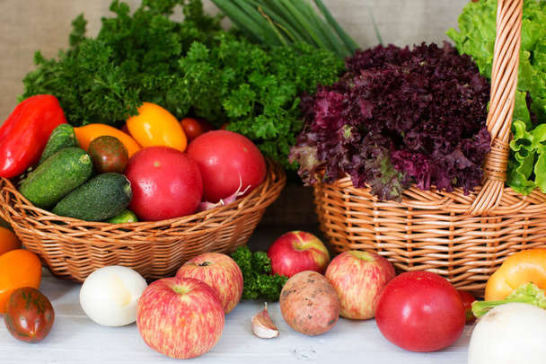 Farm seasonal vegetables in basket. Close-up. Vegan or diet food concept. - Photo, Image