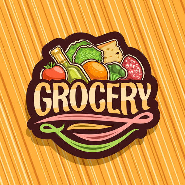 Vektor-Logo für Lebensmittelgeschäft, dunkle dekorative Werbetafel mit einem Haufen frischer Obst- und Gemüsesorten, originelle Pinselschrift für Word-Lebensmittelgeschäft, Symbol für Bauernabteilung im Verbrauchermarkt. - Vektor, Bild