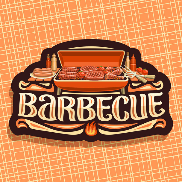 Vektor-Logo für Barbecue, dunkles Vintage-Etikett mit gerösteten Frankfurter, frischen Tomaten, saftigen Beefsteaks und Hühnerkeulen, origineller Schriftzug für Word Barbecue, Abzeichen für Restaurant der amerikanischen Küche - Vektor, Bild