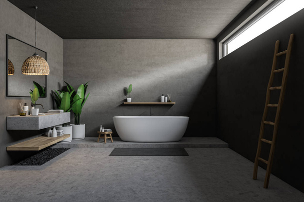 Интерьер серой ванной комнаты с бетонным полом, белой ванной, длинной серой раковиной с горизонтальным зеркалом над ней и лестницей возле стены. 3d-рендеринг
 - Фото, изображение