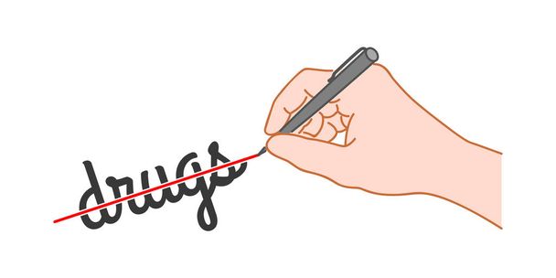 A mão com uma caneta riscou a palavra "drogas". ilustração estilo desenhado à mão
 - Vetor, Imagem