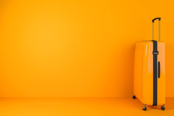 Side view of orange suitcase standing in orange room. Concept of tourism and travelling. 3d rendering mock up - Photo, image