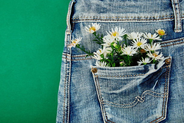 Букет белого цветка в кармане джинсов на зеленом фоне. Минималис. Джинсовая концепция. Плоский лежал. Принято. Творческий макет весенней праздничной тематики
 - Фото, изображение