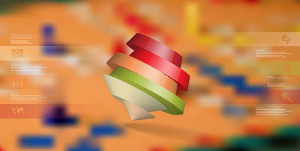 3D illustration infographic template. The round pentagon is divided to six color parts. Object is askew arranged on blurred photo background. Color bars with simple signs are on sides. - Vector, Image