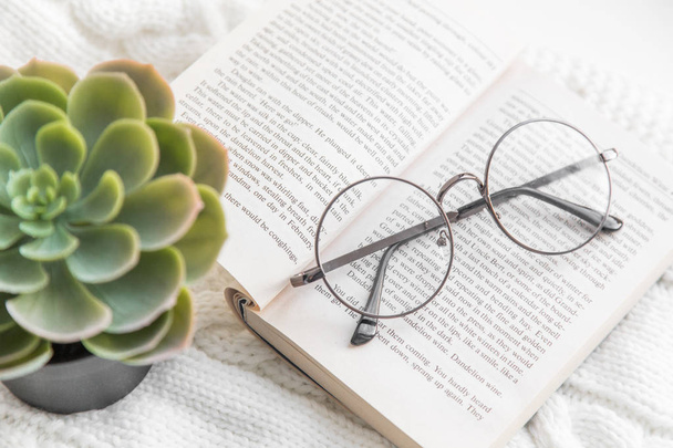 home comfort and winter evening. soft focus vintage glasses, succulent, book on a knitted rug flatlay. learning, profession editor, proofreader, writer - Foto, imagen