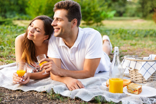 Happy young couple spending good time together, having picnic at the park, kissing, toasting - Foto, Imagen